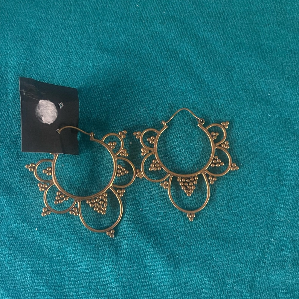 Golden Sol Earrings, Ornate Ethnic Earrings, Tribal Brass Earrings Hoop Earrings
